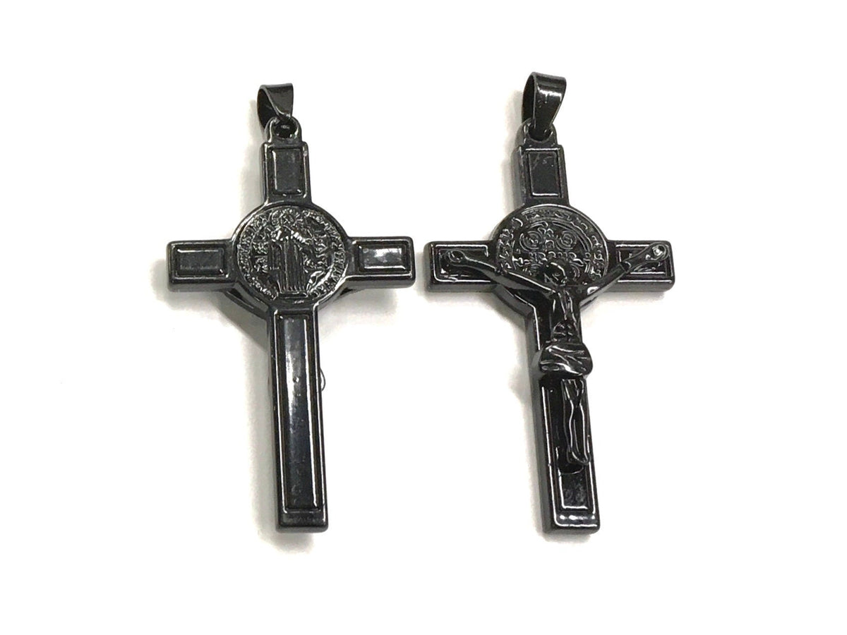 All Black Saint Benedict Crucifix Medal Cross Catholic Light Weight Chain Necklace for Men Black Religious San Benito Jesus