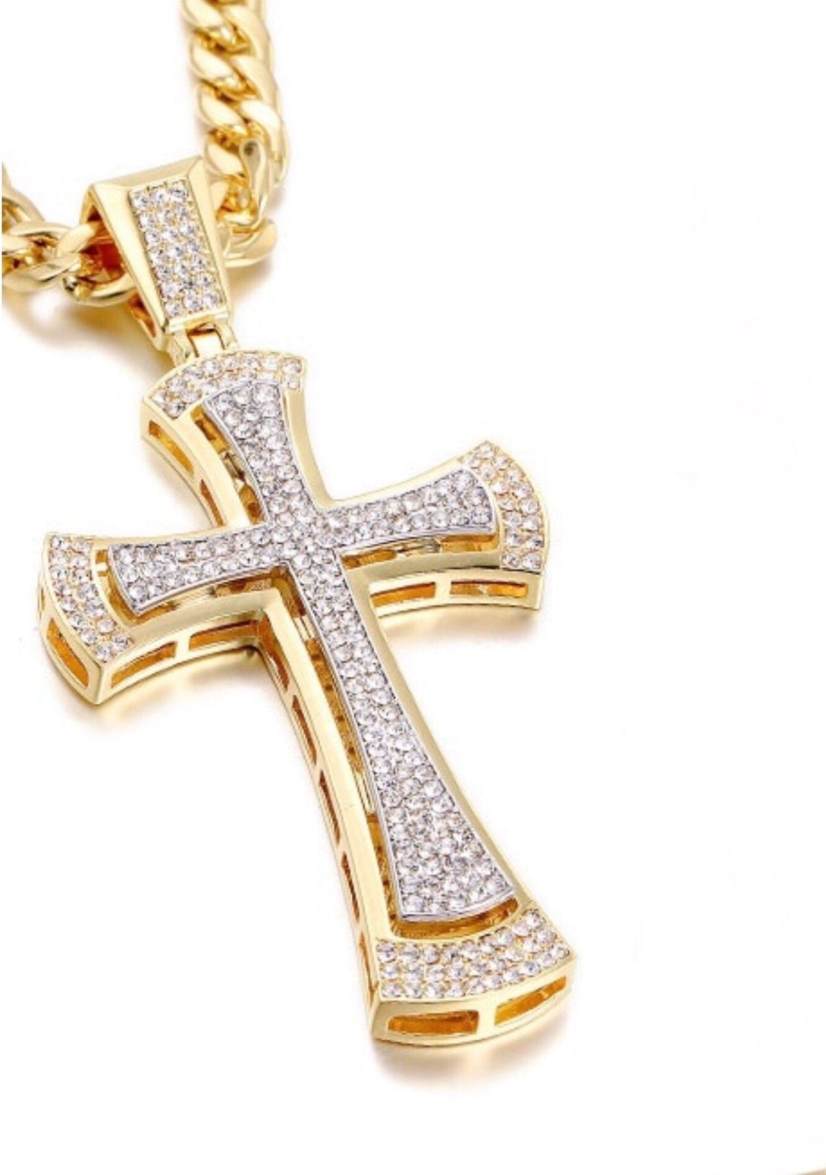 Curved Iced Out 2 color Cross Necklace for Men Swag Silver Gold CZ Heavy Stainless Steel Thick Curb Chain Jewelry Iced Out Rapper