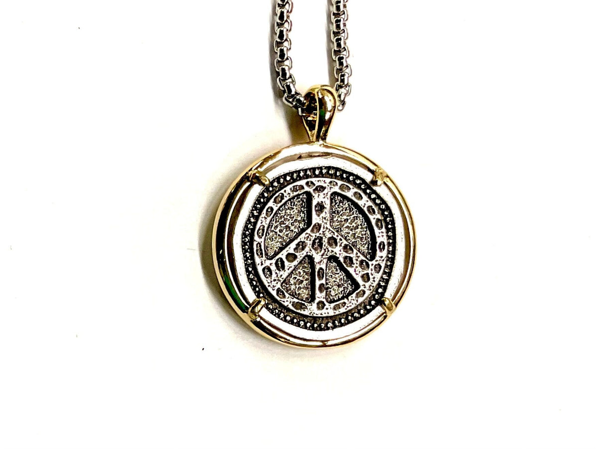 Peace Symbol Necklace Ribbon Medal Hope Love Cast Medallion Stainless Steel Chain