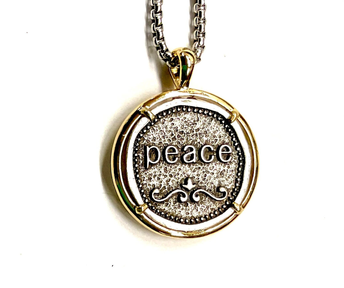 Peace Symbol Necklace Ribbon Medal Hope Love Cast Medallion Stainless Steel Chain