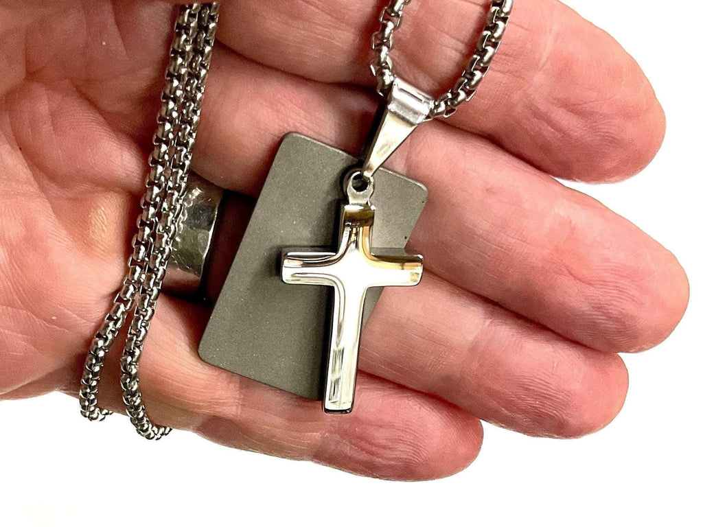 Men's Silver Cross & Dog Tag Necklace Stainless Steel