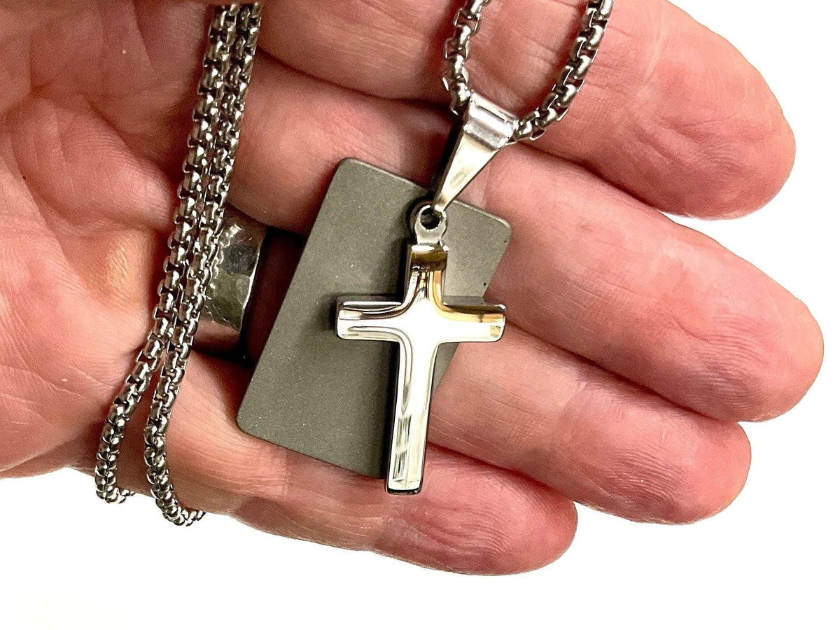 Men's Silver Cross & Dog Tag Necklace Stainless Steel