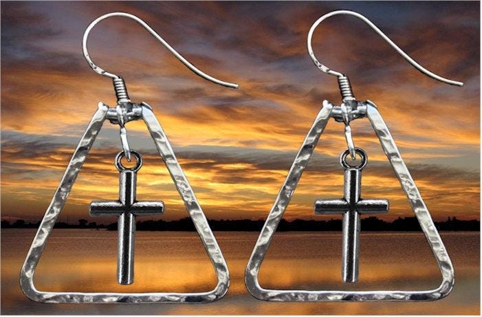 Hammered Silver Triangle Cross Bar Earrings | Handcrafted Drop