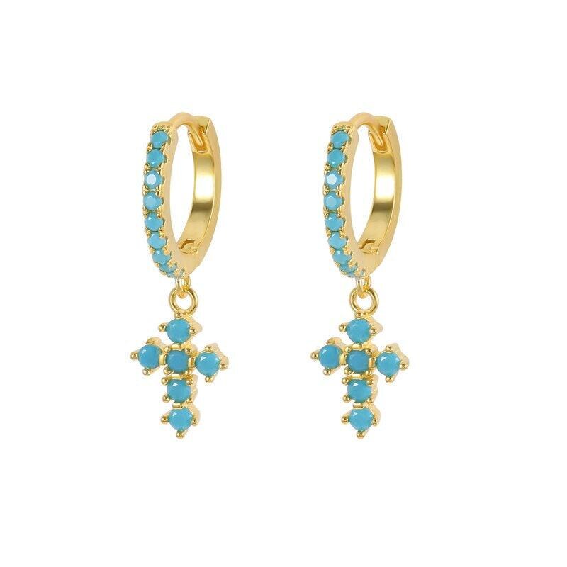 Turquoise Cross Hoop Earrings, Gold over Sterling Silver