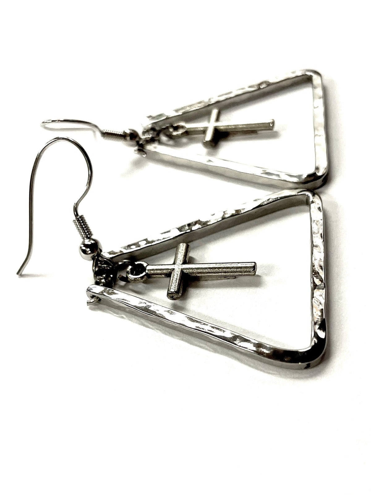 Hammered Silver Triangle Cross Bar Earrings | Handcrafted Drop