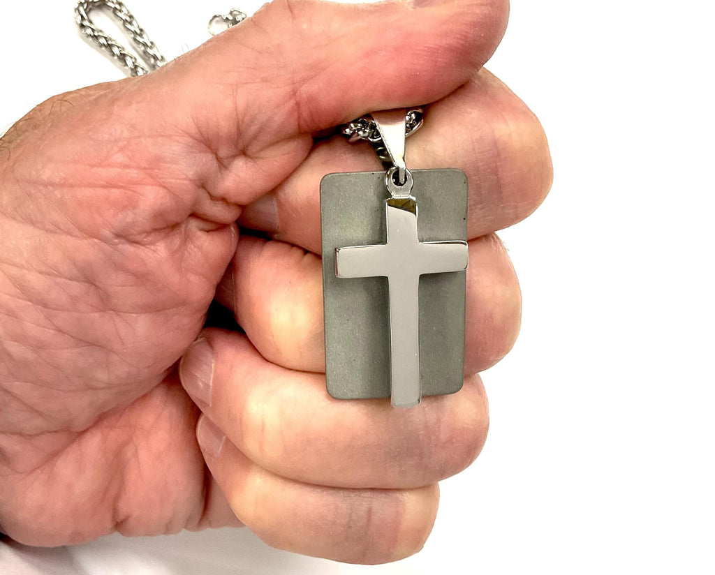 Men's Silver Cross & Dog Tag Necklace Stainless Steel