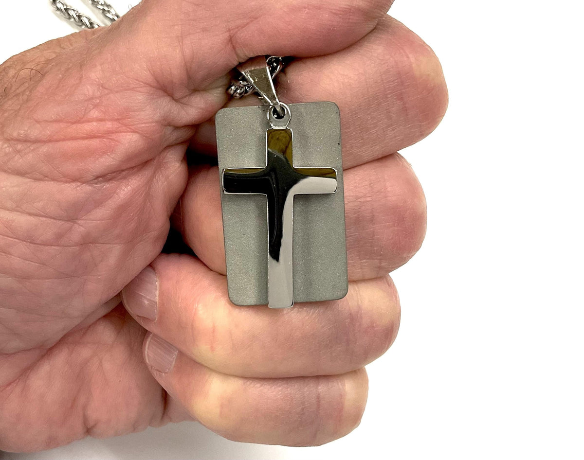 Men's Silver Cross & Dog Tag Necklace Stainless Steel