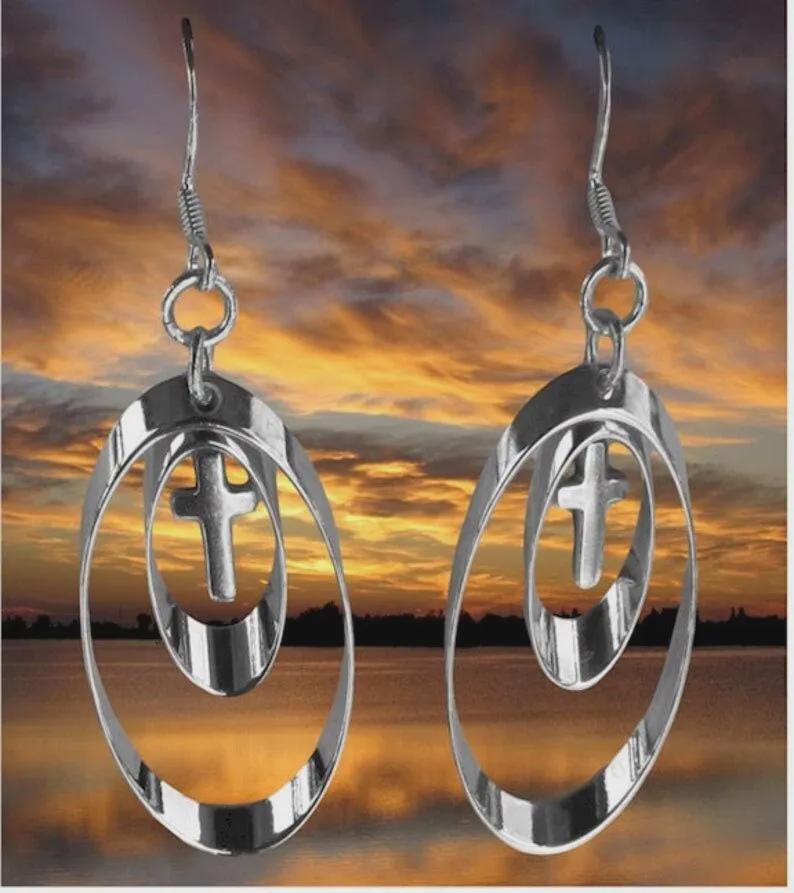 Sterling Silver 2-Hoop Cross Shadow Box Dangle Earrings