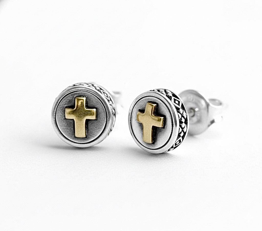 Gold Cross Stud Earrings Silver, Two Tone Religious Posts