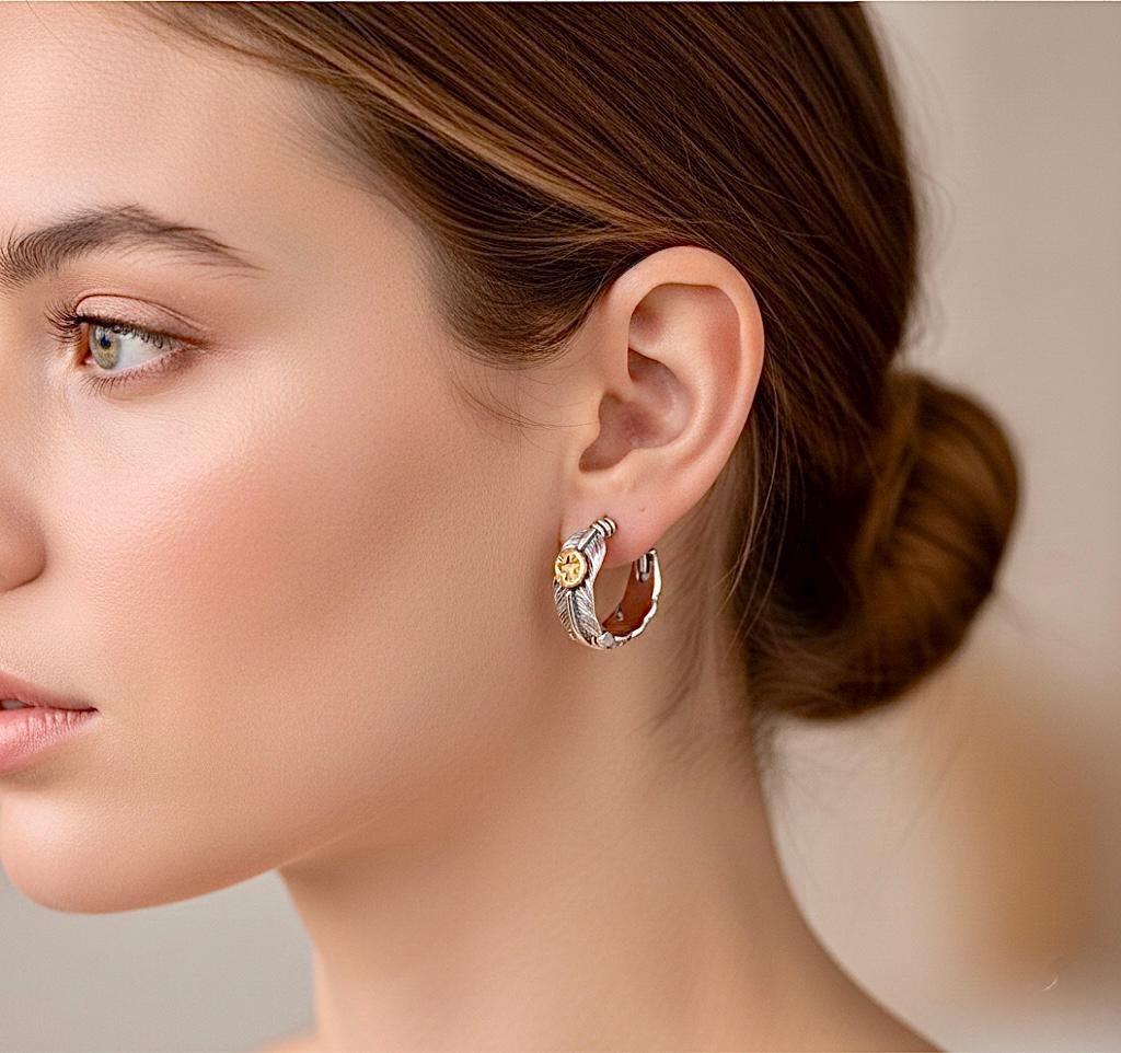 Sterling Silver Feather Hoop Earrings, Brass Eagle Huggies