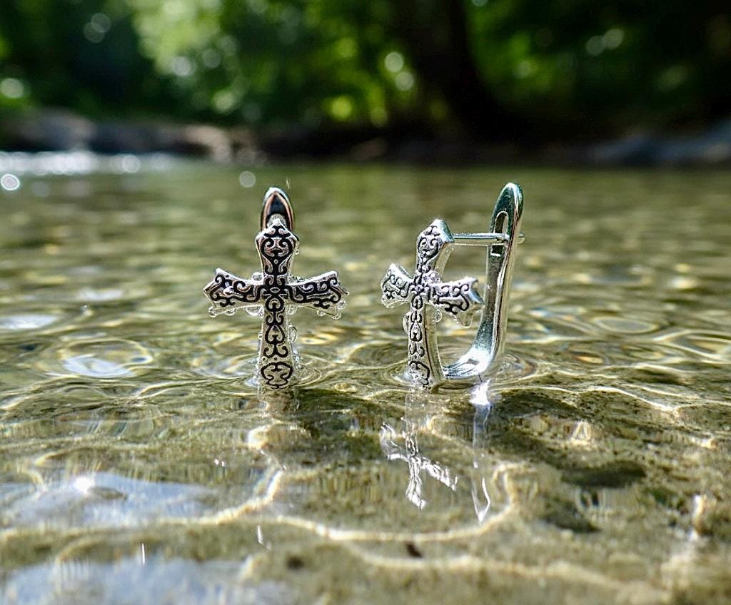 Sterling Silver Vine Cross Cuff Earrings, Latch Back