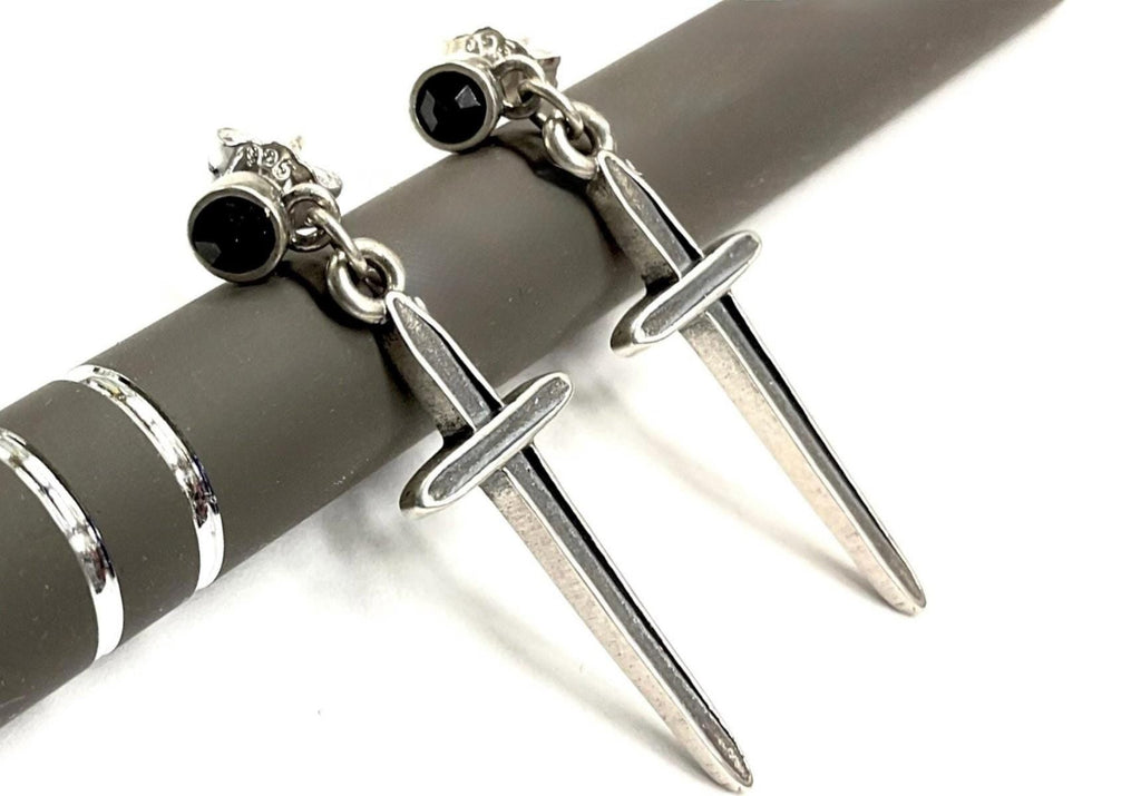 Sterling Silver Cross Dangle Earrings | Black Onyx Stud Sword Drop