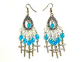 Silver Five Cross Earrings with Blue Iridescent Glass Tassels