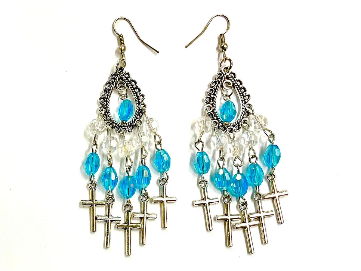Silver Five Cross Earrings with Blue Iridescent Glass Tassels