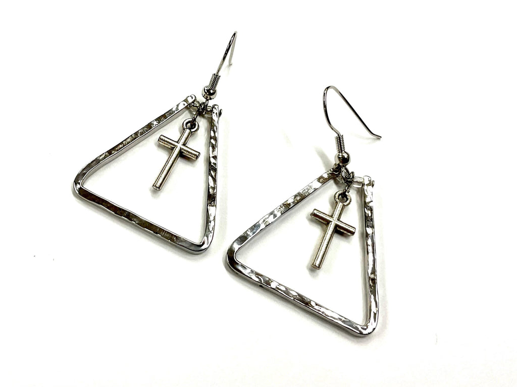 Hammered Silver Triangle Cross Bar Earrings | Handcrafted Drop