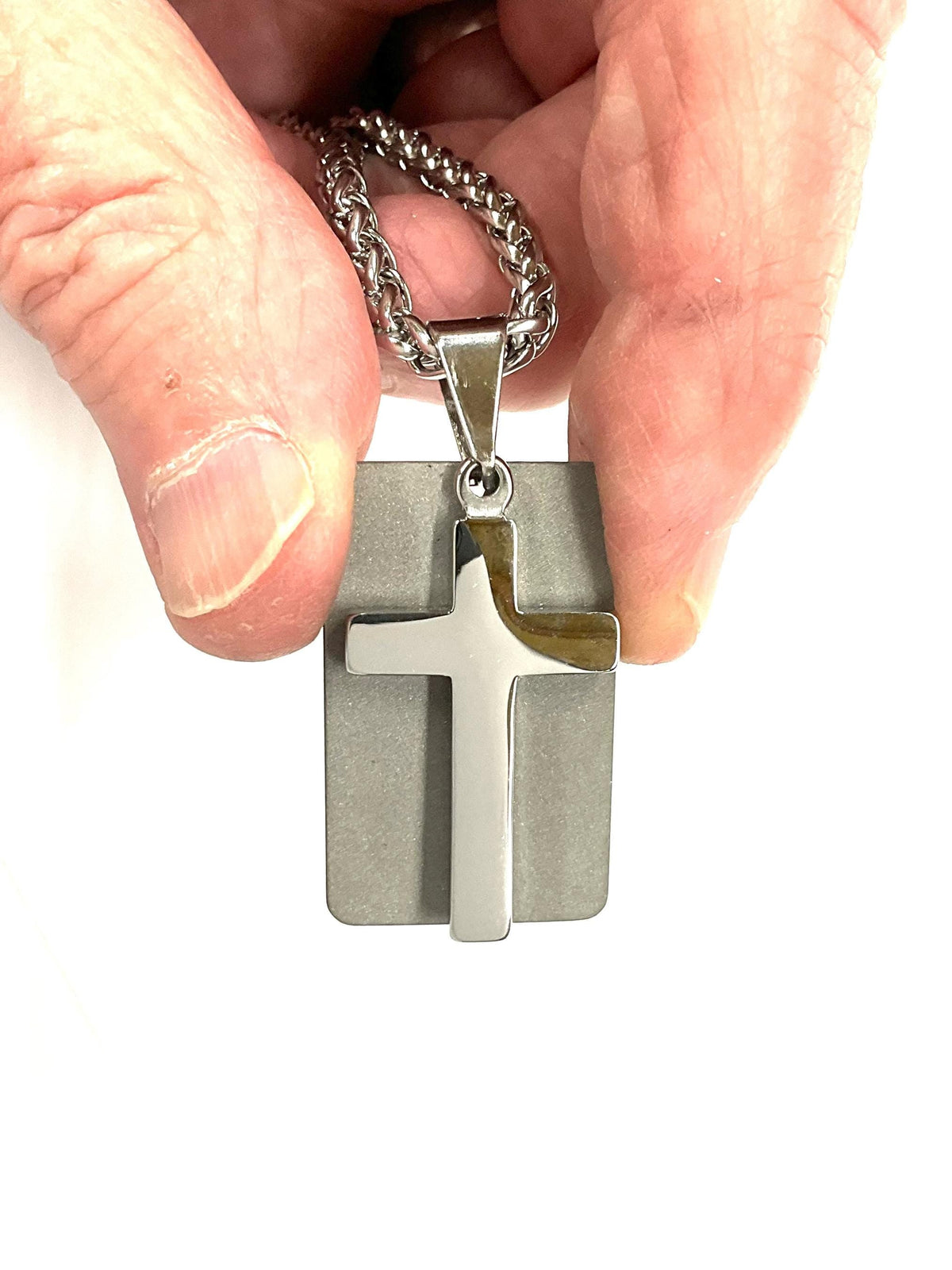 Men's Silver Cross & Dog Tag Necklace Stainless Steel