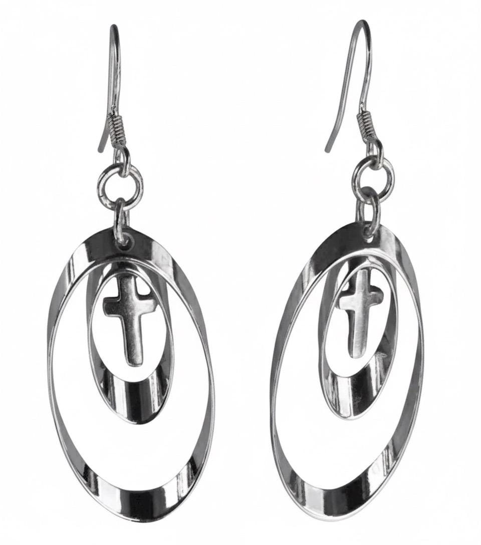 Sterling Silver 2-Hoop Cross Shadow Box Dangle Earrings