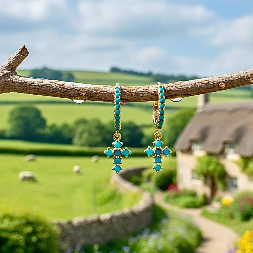 Turquoise Cross Hoop Earrings, Gold over Sterling Silver