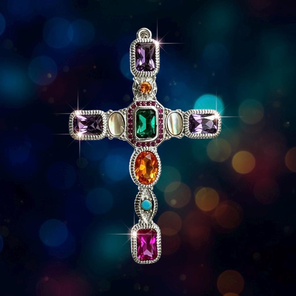 Sterling Silver Cross Necklace with Colored Stones
