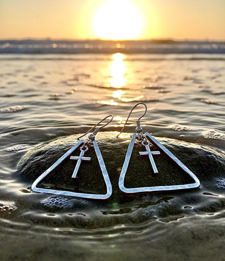 Hammered Silver Triangle Cross Bar Earrings | Handcrafted Drop