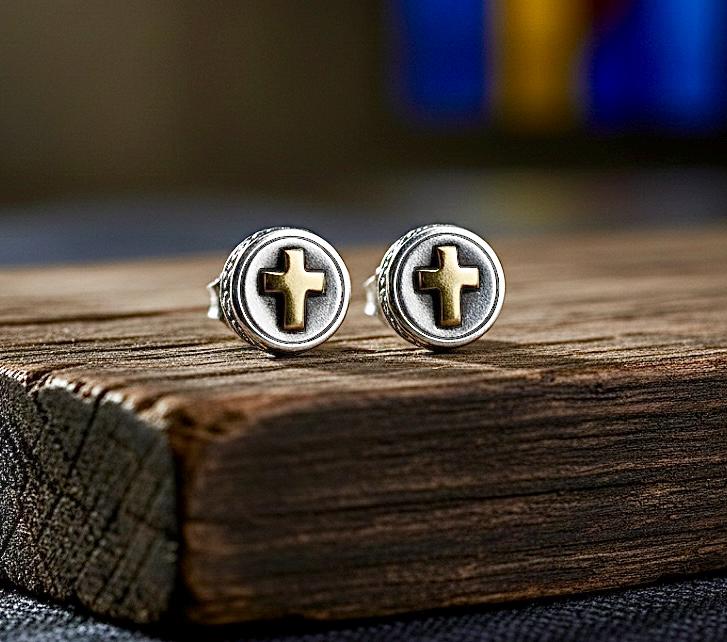 Gold Cross Stud Earrings Silver, Two Tone Religious Posts