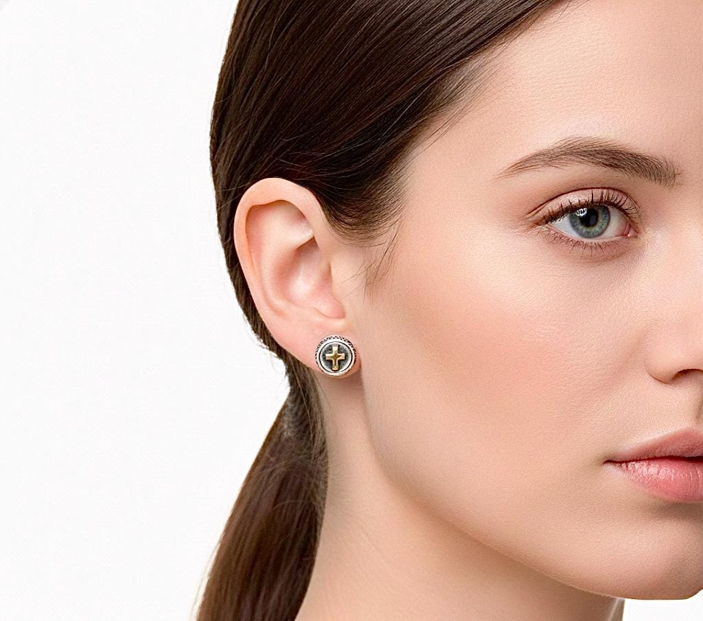 Gold Cross Stud Earrings Silver, Two Tone Religious Posts