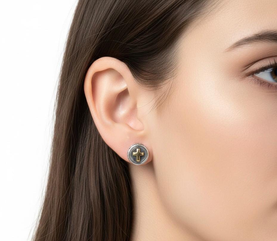 Gold Cross Stud Earrings Silver, Two Tone Religious Posts