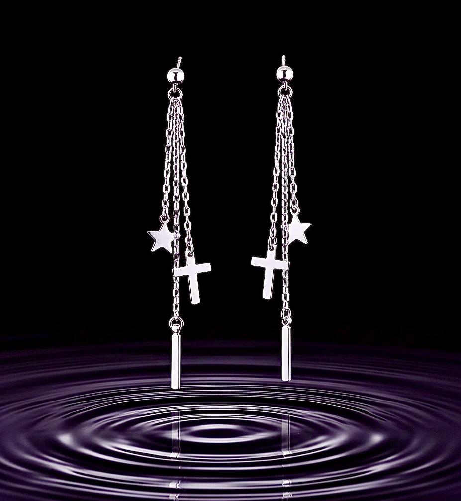 Silver Chain Cross Star Earrings, Bohemian 3 Strand Drops