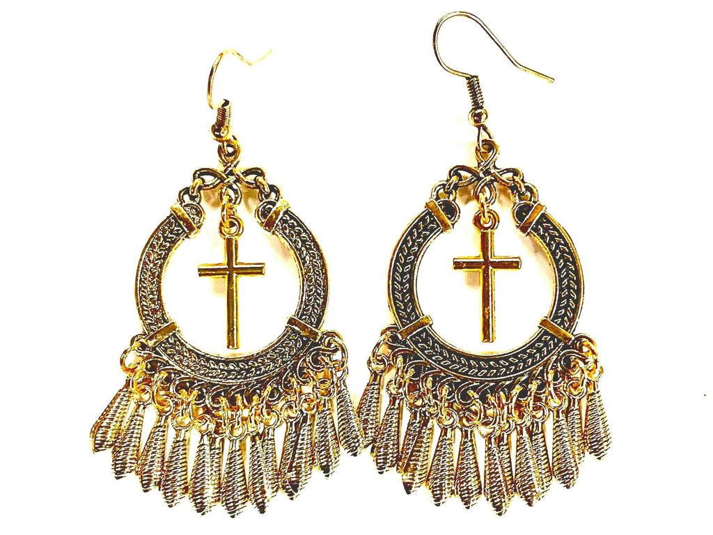 Boho Tassel Cross Earrings, Silver Gold Hippie Fringe Drops