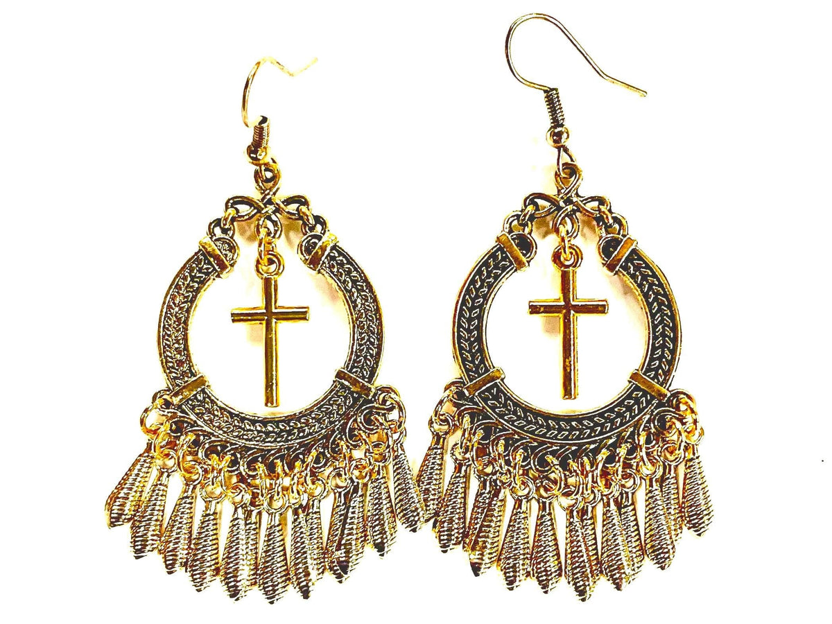 Boho Tassel Cross Earrings, Silver Gold Hippie Fringe Drops