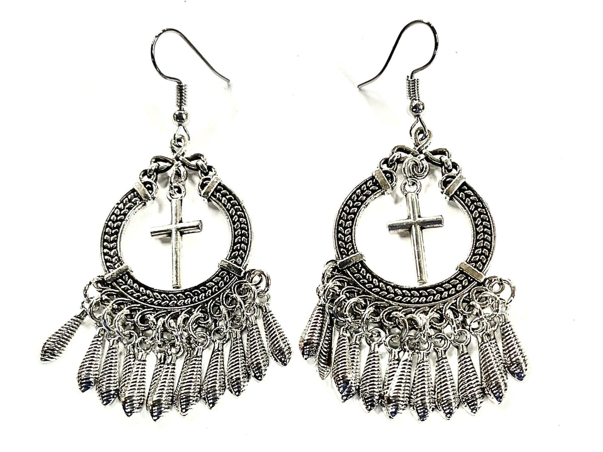 Boho Tassel Cross Earrings, Silver Gold Hippie Fringe Drops