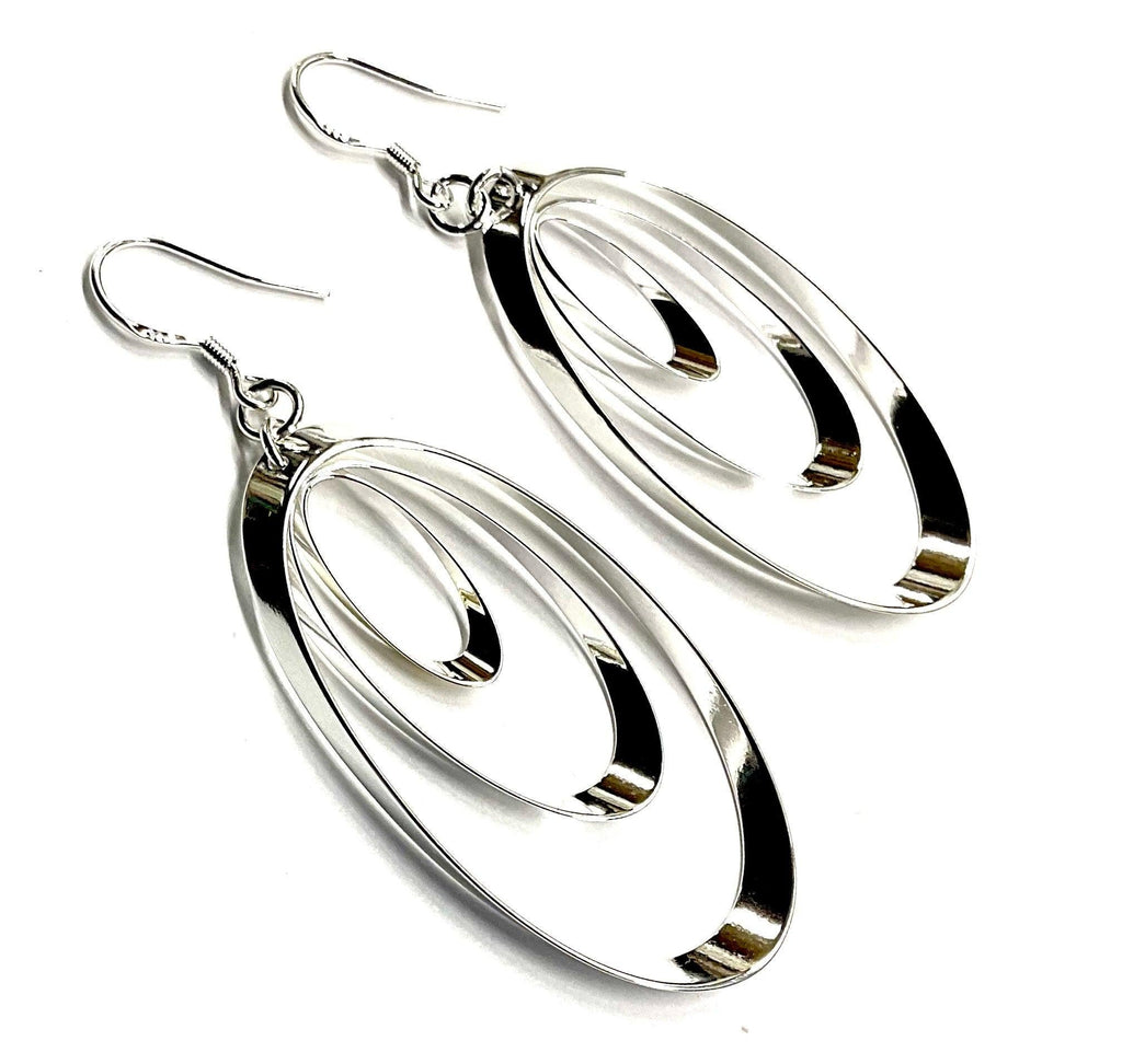 Silver 3 Hoop Layered Earrings, Concentric Drop Dangle Loops