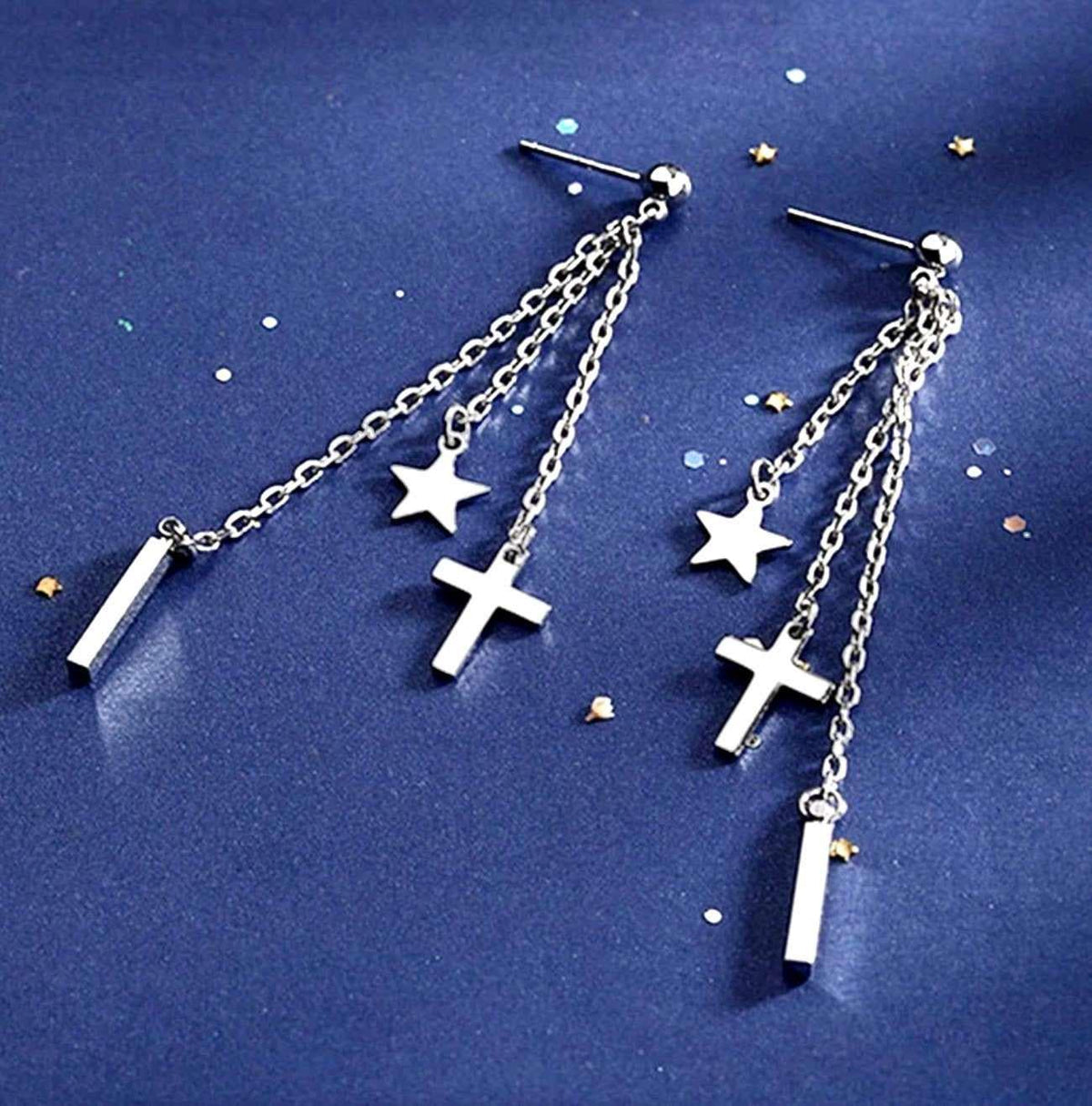 Silver Chain Cross Star Earrings, Bohemian 3 Strand Drops