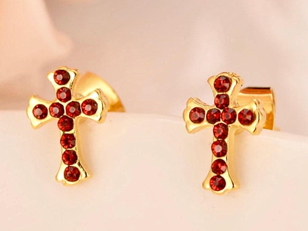 Gold Cross Earrings Red, Dainty Zircon Bridal Stud Posts
