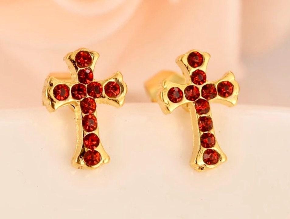 Gold Cross Earrings Red, Dainty Zircon Bridal Stud Posts