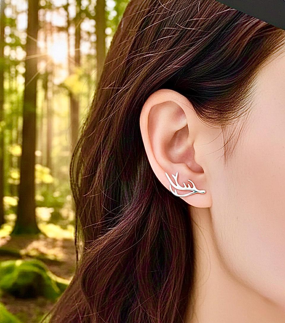 Silver Antler Ear Climber Earrings