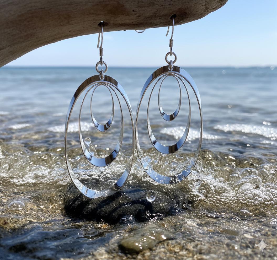 Silver 3 Hoop Layered Earrings, Concentric Drop Dangle Loops