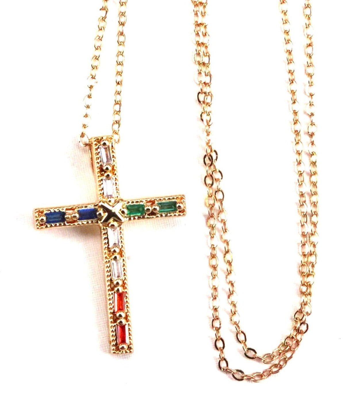 Gold Cross Necklace Pendant, Slim Rainbow Multi Color CZ Jewelry