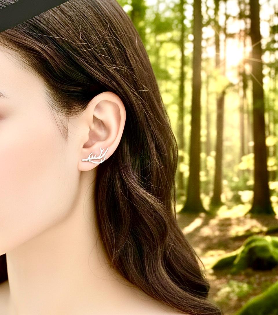 Silver Antler Ear Climber Earrings