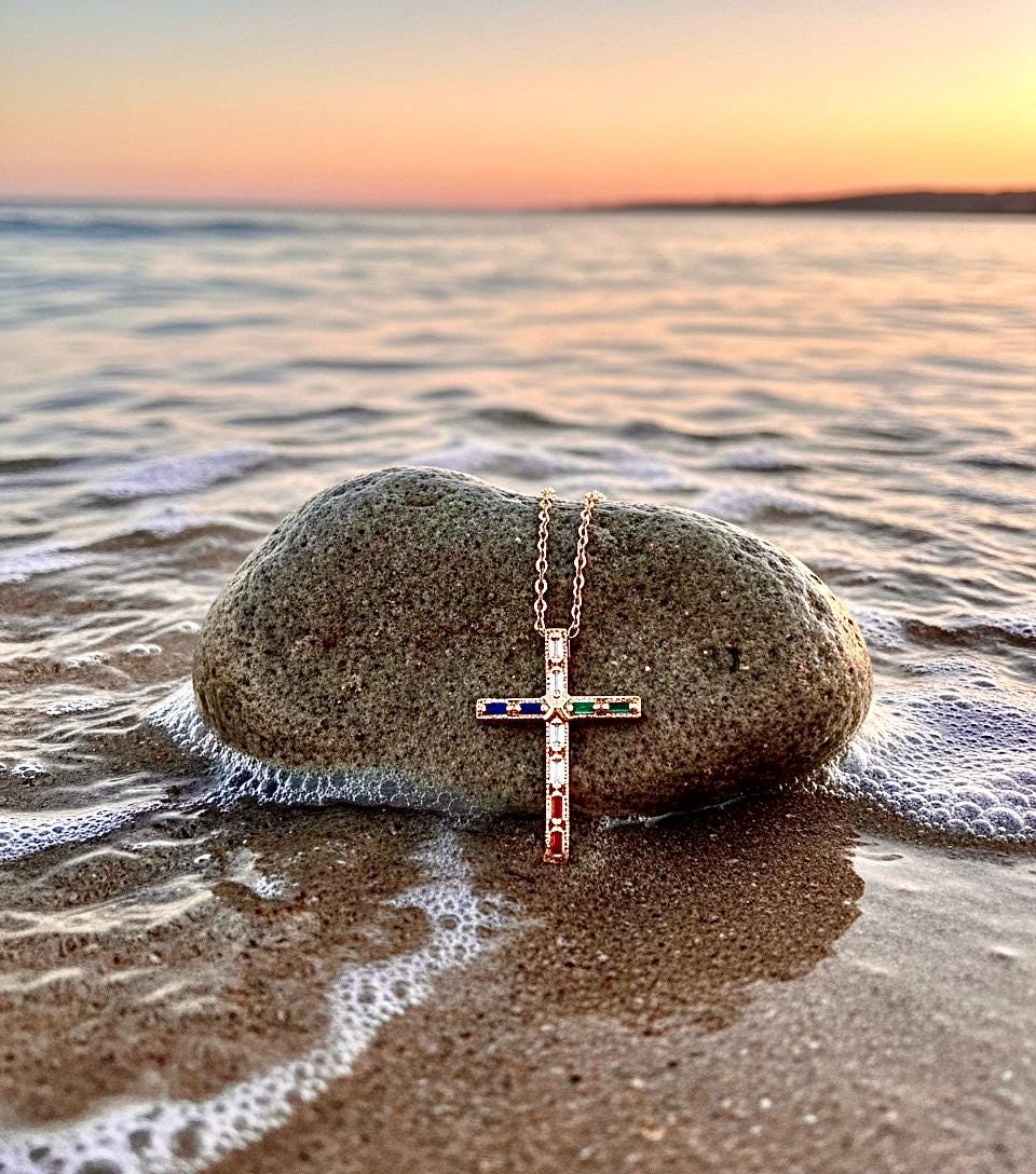 Gold Cross Necklace Pendant, Slim Rainbow Multi Color CZ Jewelry