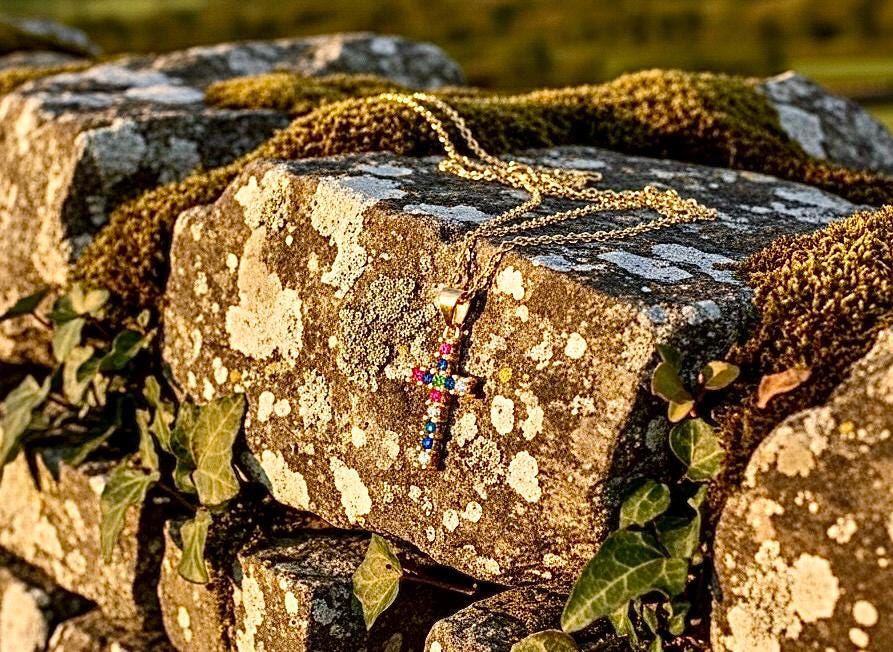 Gold Cross Necklace Pendant, Dainty Rainbow Multi Color CZ Jewelry