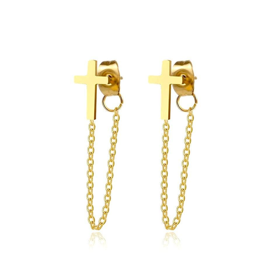 Cross Tassel Chain Back Earrings, Waterproof Jesus Jewelry