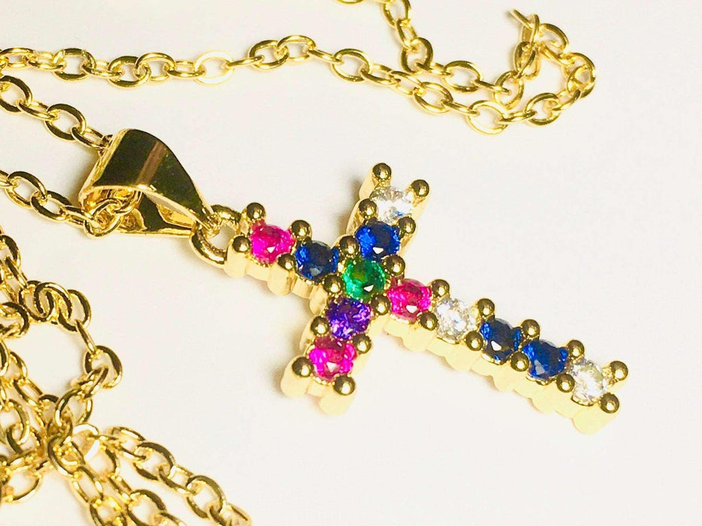 Gold Cross Necklace Pendant, Dainty Rainbow Multi Color CZ Jewelry