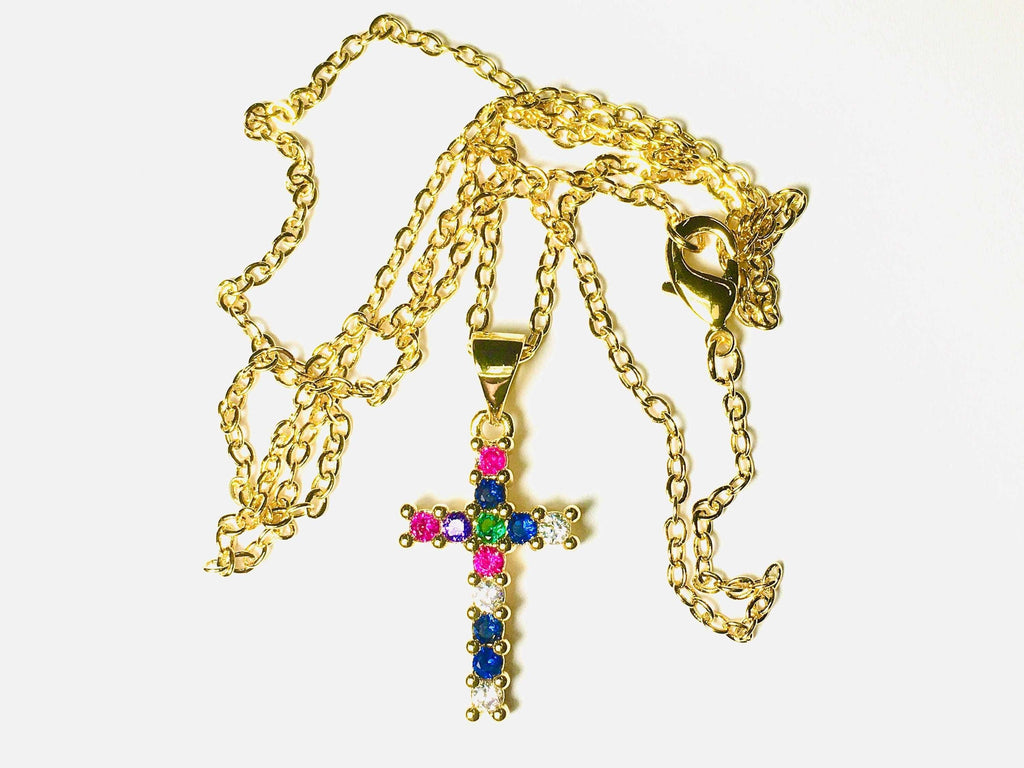 Gold Cross Necklace Pendant, Dainty Rainbow Multi Color CZ Jewelry