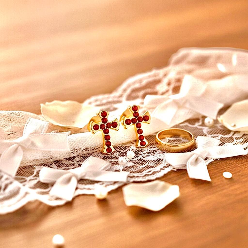Gold Cross Earrings Red, Dainty Zircon Bridal Stud Posts