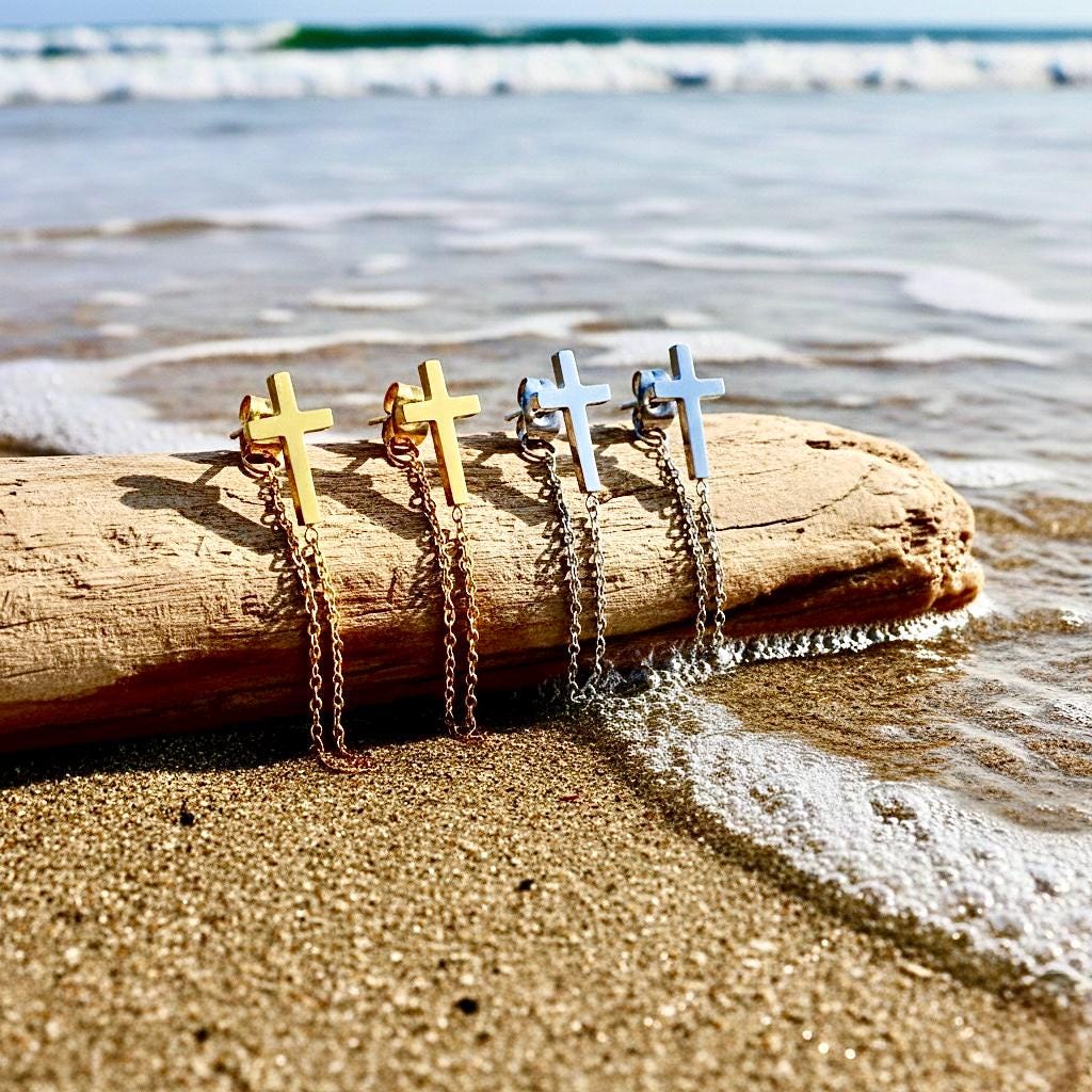 Cross Tassel Chain Back Earrings, Waterproof Jesus Jewelry