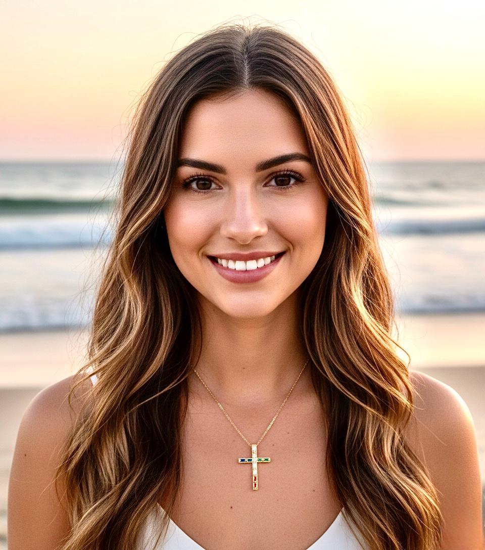 Gold Cross Necklace Pendant, Slim Rainbow Multi Color CZ Jewelry