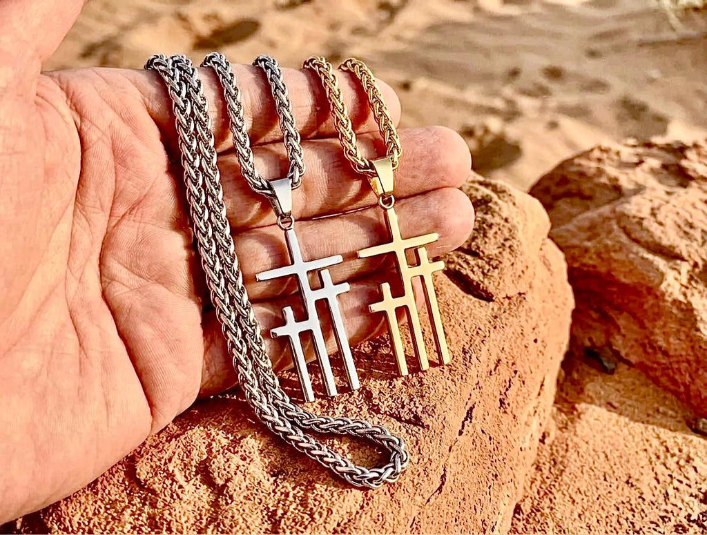 Three Crosses of Calvary Necklace | Gold Silver Triple Cross Pendant