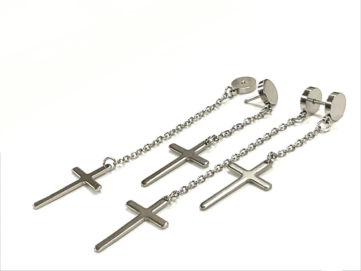Double Cross Long Chain Earrings, Gold or Silver