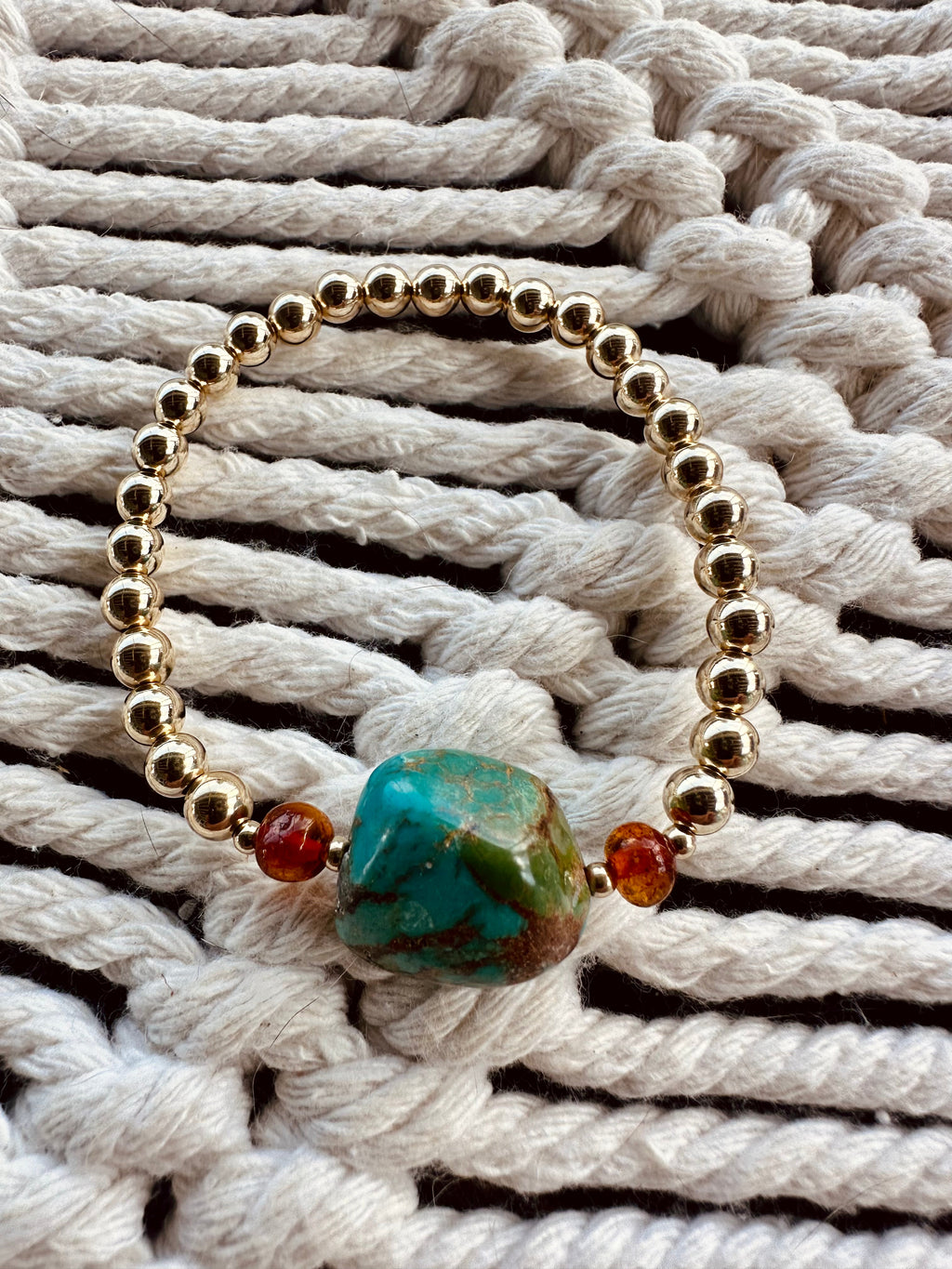 Natural Turquoise + Baltic Amber || 14K Gold Filled || Adult Stretch Bracelet
